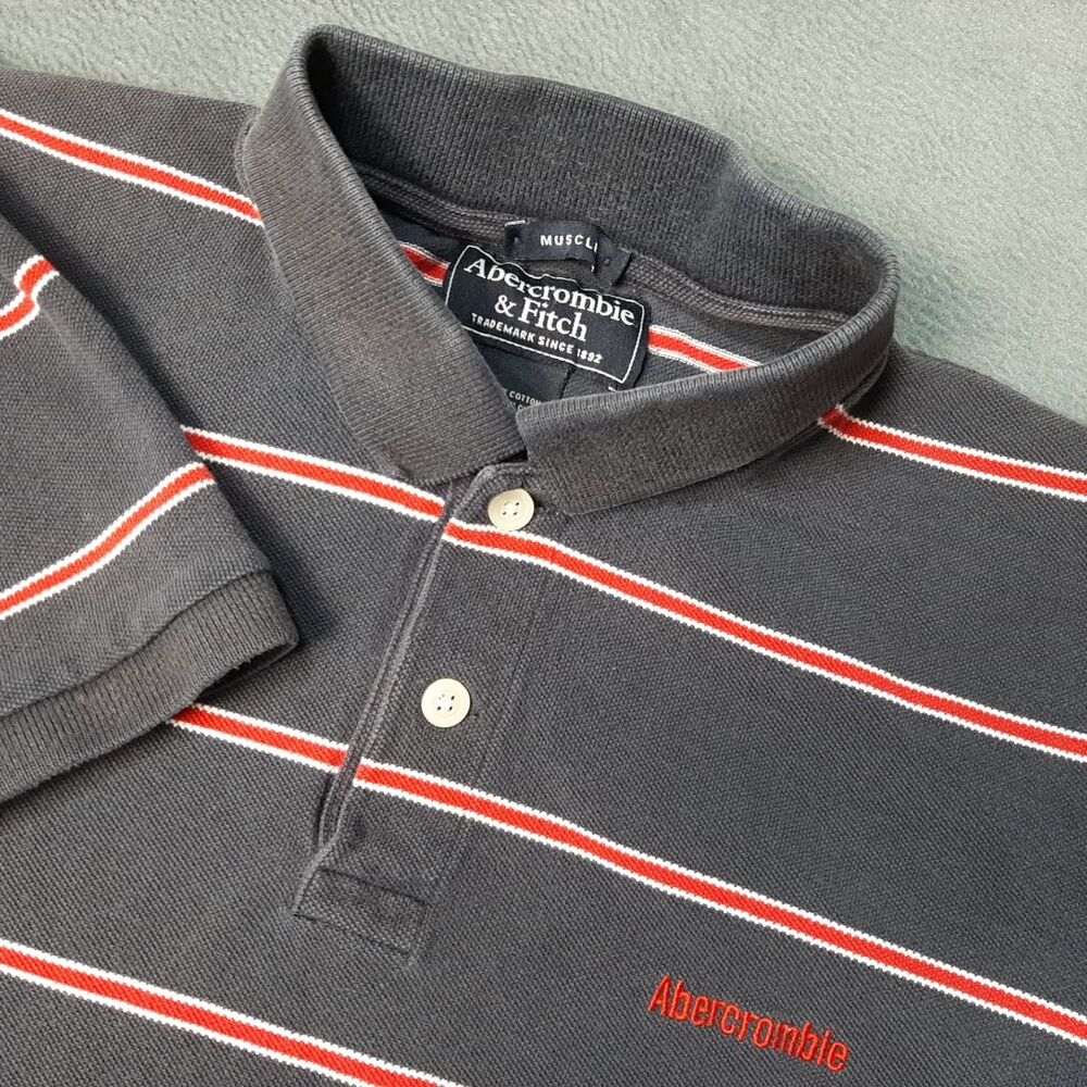 VINTAGE Abercrombie & Fitch Polo Shirt Mens Large Black Red Striped Muscle A&F